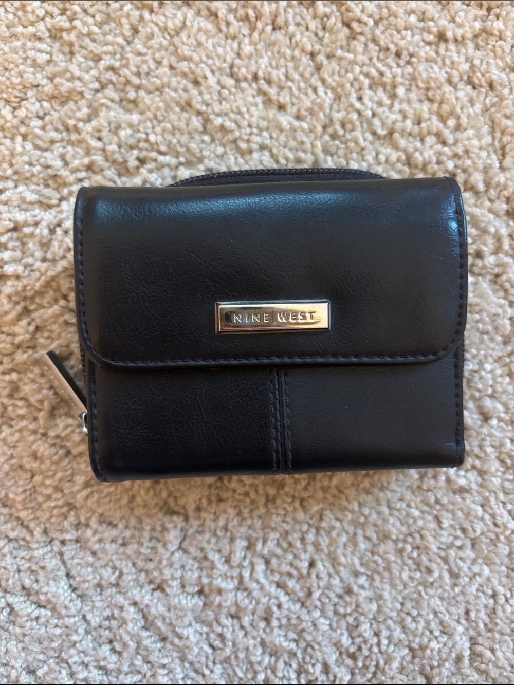 Nine West Black Trifold Leather Wallet with Metal Logo